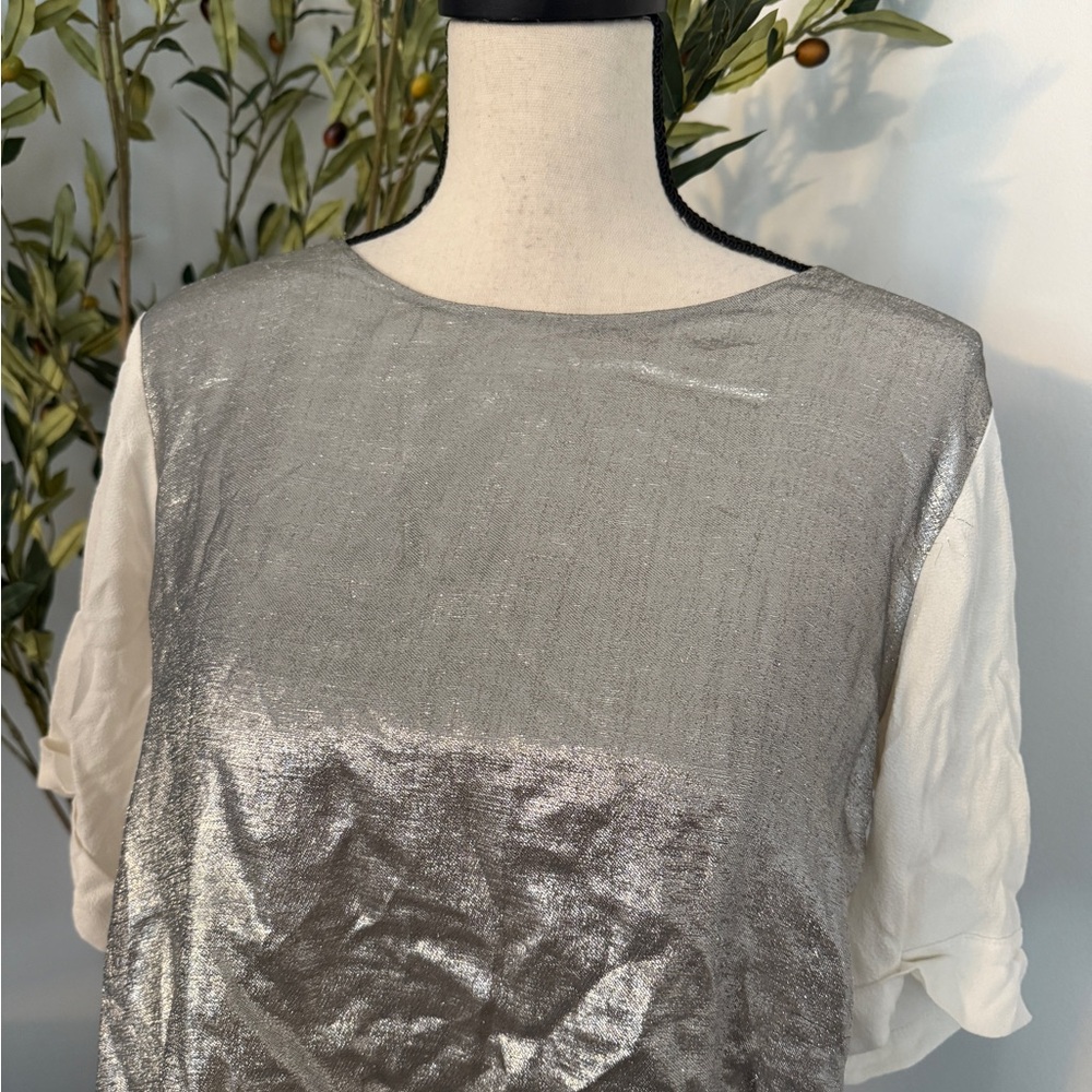 Maje Silver Metallic and Cream Short Sleeve Top Size XS - Picture 3 of 5